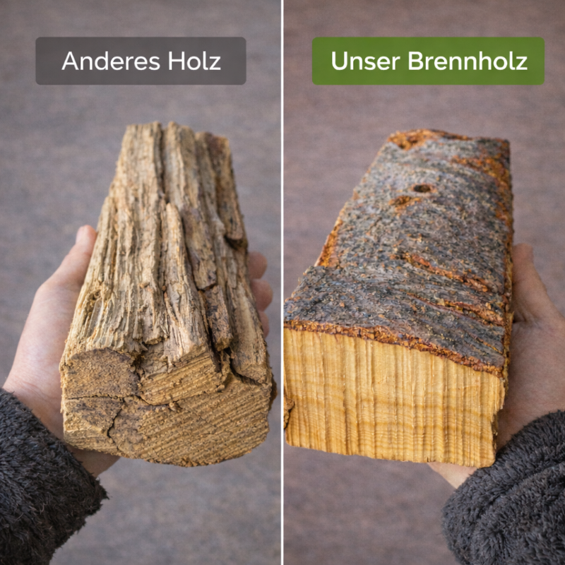 Vergleich von Brennholz: links anderes Holz mit ungleichmäßiger Struktur, rechts hochwertiges, sauber gespaltenes und trockenes Brennholz in der Hand gehalten