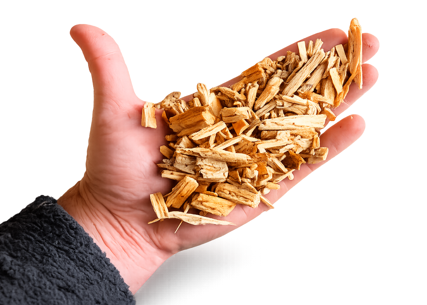 Hand mit Holz Hackschnitzeln – ideal für Garten, Beete, Wege oder als natürlicher Rindenmulch, Preis pro Schüttraummeter, auch Kleinmengen erhältlich, Abholung verfügbar