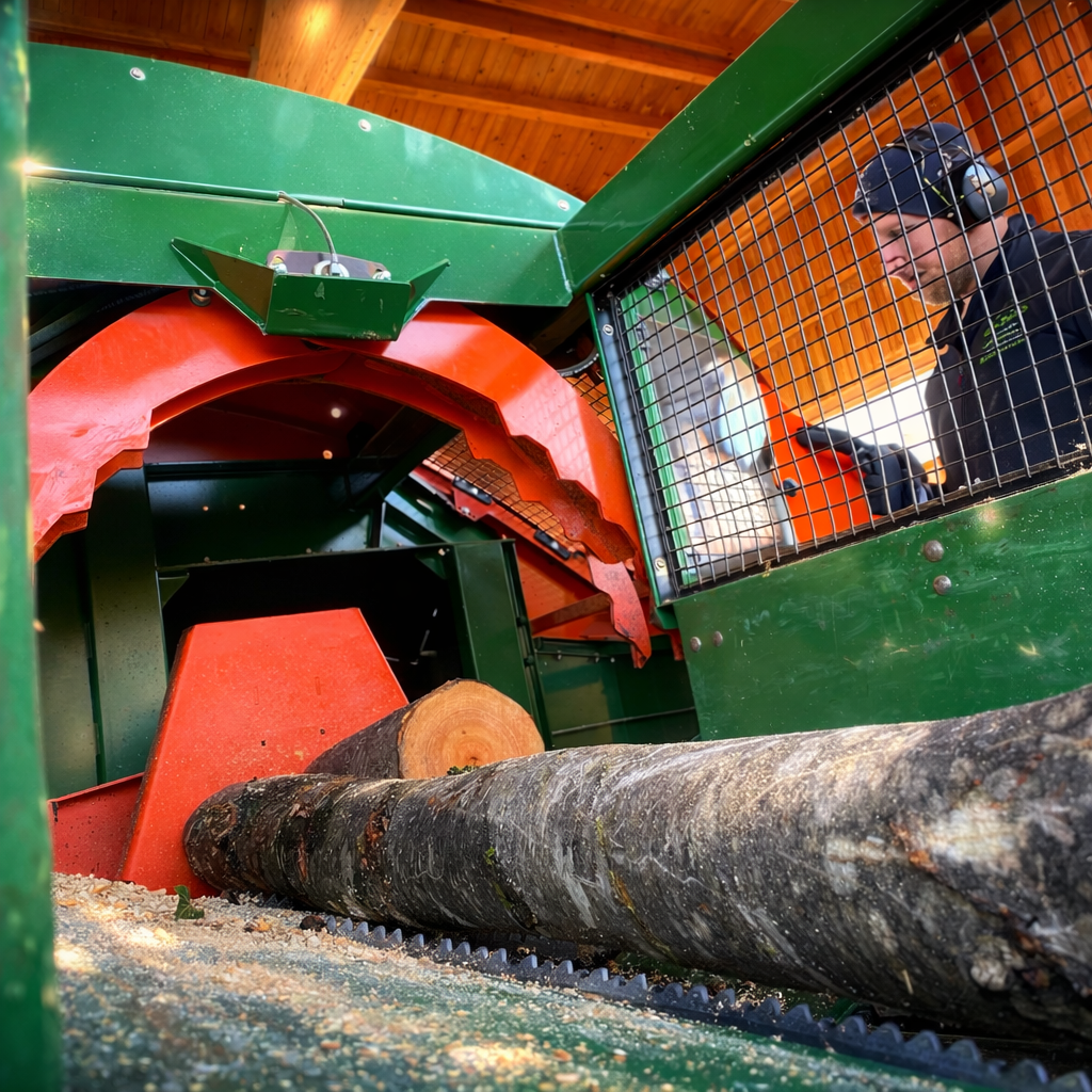 Produktion von hochwertigem Brennholz bei Brennholz Dosch mit dem POSCH K650 Sägespaltautomaten