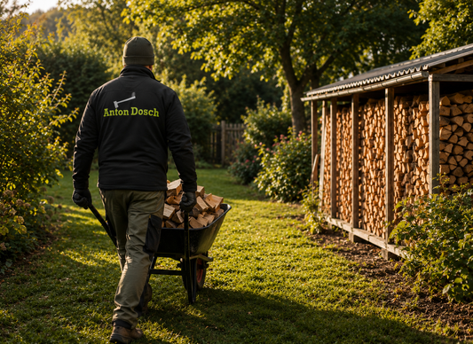 Mitarbeiter von Anton Dosch transportiert Brennholz mit einer Schubkarre durch einen Garten zu einem sauber aufgeschichteten Holzlager.