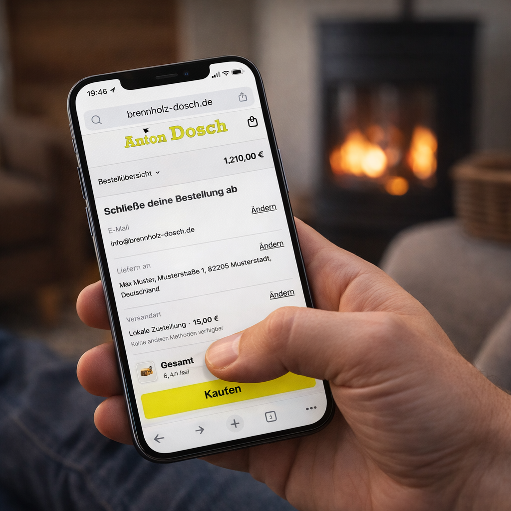 Brennholz Bestellung online über Smartphone im Wohnzimmer vor Kamin – Lieferung München, Gilching und Umgebung