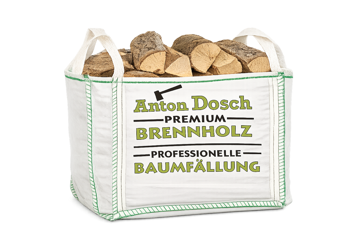 Mini Big Bag mit trockenem Brennholz für Kamin, Ofen und Feuerstelle, praktisch verpackt für einfache Lieferung, Lagerung und Nutzung.